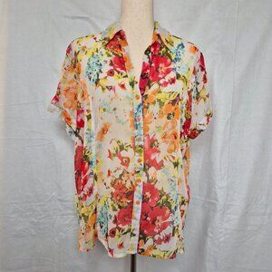 Sarah Bentley Womens Short Sleeves Top Button down Blouse Multicolor Floral XL